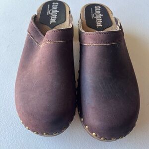 Women’s Sandgrens Brown  Leather Wood Sweedish Clogs Size 8.5 (39)